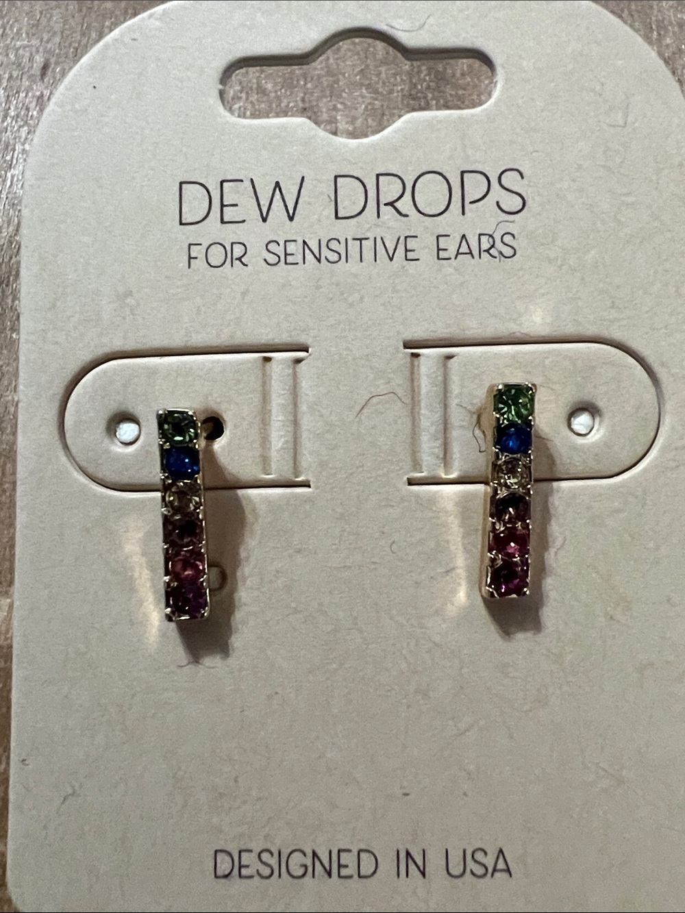 3/$18 Dew Drops Multicolor Crystal Bar Earrings for Sensitive Ears Lot 744